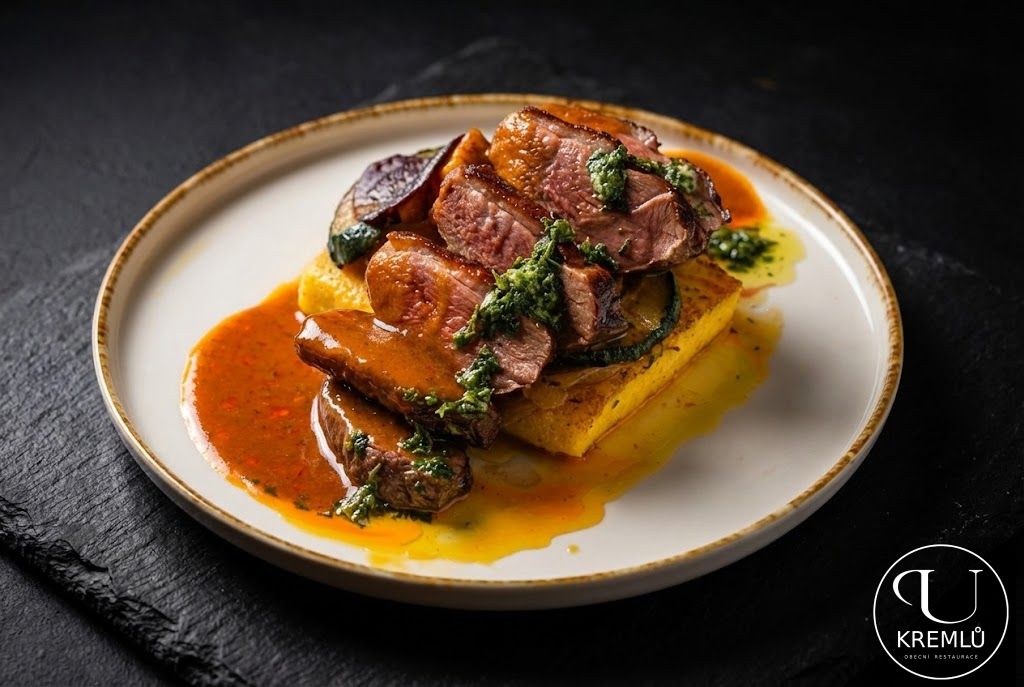 200g Filirované kachní prso, zeleninová polenta